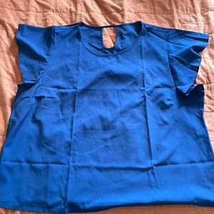 Flutter-sleeve Key-hole Back Blue Blouse